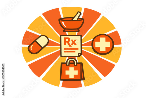 This flat illustration depicts various medical icons including a prescription note, a mortar and pestle, a capsule, and a medical bag arranged on a retro orange sunburst.