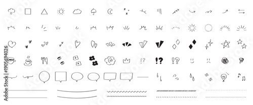 手書きのあしらいイラストセット　矢印・吹き出し・キラキラ・ライン・アイコンの線画素材