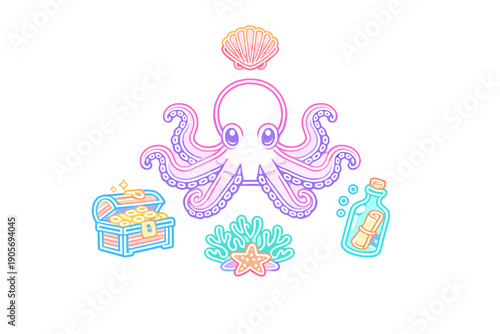 A collection of cute pastel underwater illustrations featuring a pink octopus, a treasure chest, a message in a bottle, coral with a starfish, and a seashell on a black background.