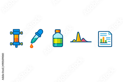 A collection of five colorful laboratory icons featuring a chromatography column, a dropper, a reagent bottle, a chromatogram graph, and a data report on a black background.