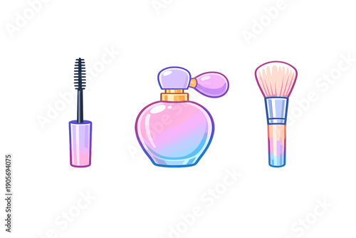 A stylized vector illustration featuring a mascara wand, a round perfume bottle with an atomizer, and a soft makeup brush, all rendered in vibrant pink and blue gradients on a black background.