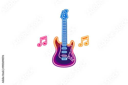 This digital illustration features a glowing neon electric guitar with blue and purple outlines, accompanied by two bright musical notes against a solid black backdrop.