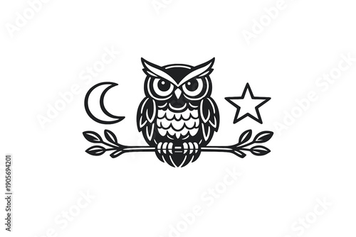 This minimalist black and white vector illustration features a stylized owl sitting on a branch with leaves, accompanied by a crescent moon and a star on a dark background.