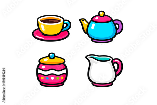 A set of four colorful cartoon stickers featuring a yellow coffee cup on a pink saucer, a blue teapot, a pink sugar bowl, and a white milk jug on a black background.