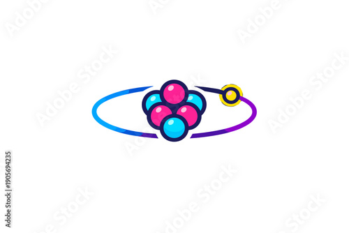 A vibrant vector illustration of an atom with a nucleus of pink and blue spheres and a single yellow electron orbiting on a purple and blue path against a black background.