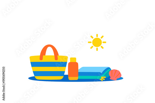 A flat illustration of summer beach essentials including a yellow and blue striped bag, an orange sunscreen bottle, a folded blue towel, and a pink seashell under a bright yellow sun.