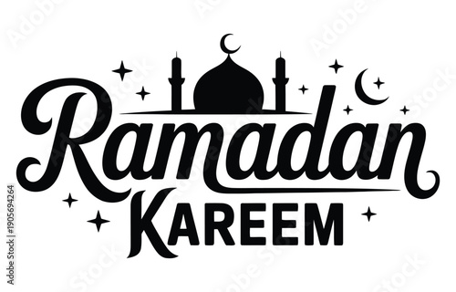 Ramadan Kareem Islamic Typography Vector with Mosque Silhouette and Crescent Moon