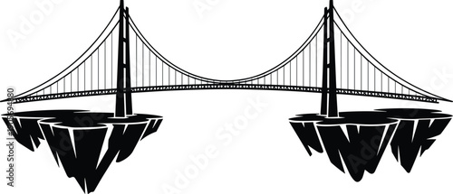 Black and white suspension bridge floating landmass illustration, surreal fantasy artwork, imaginative design, architectural towers, jagged rocks, abstract landscape