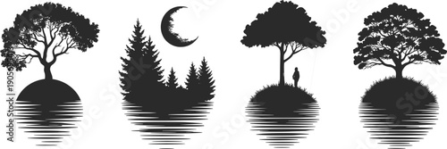 Circular tree reflection landscapes, surreal black and white silhouette design, tranquil nature illustration, imaginative concept art, peaceful environment artwork