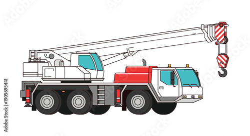 Large mobile crane truck with extended boom and hook for heavy lifting operations