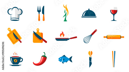 Culinary Icons Set: Cooking Food Preparation and Dining Illustrations for Recipes