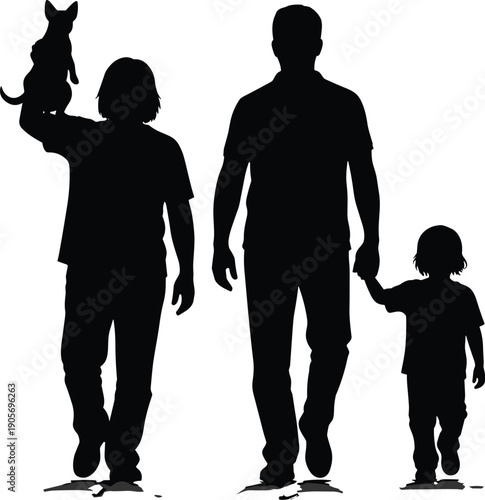 Family silhouettes walking together with father child and dog isolated black vector illustration parenting love lifestyle concept design collection icon