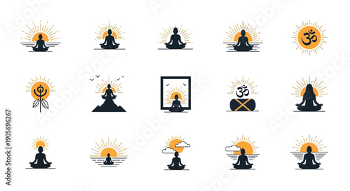 Yoga Meditation Silhouette Icons Set Vector.