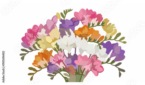 A minimalist vector collection of many freesia flowers in different colors arranged as separate stems, isolated on a pure white background. The flowers are drawn in simplified flat style with bold sol