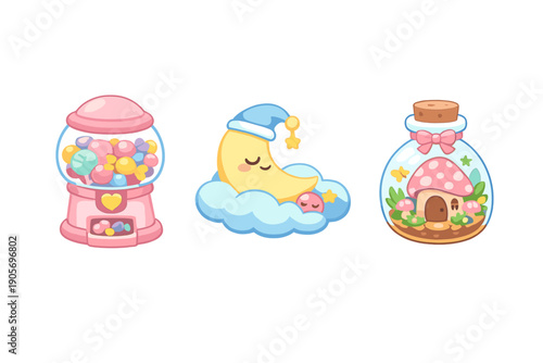 Foto Three cute pastel illustrations on a black background featuring a pink gumball machine, a sleeping crescent moon on a cloud, and a glass jar with a mushroom house
