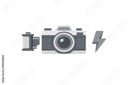 A grayscale illustration featuring a flat design camera in the center, flanked by a roll of photographic film on the left and a lightning bolt symbol representing a flash on the right.