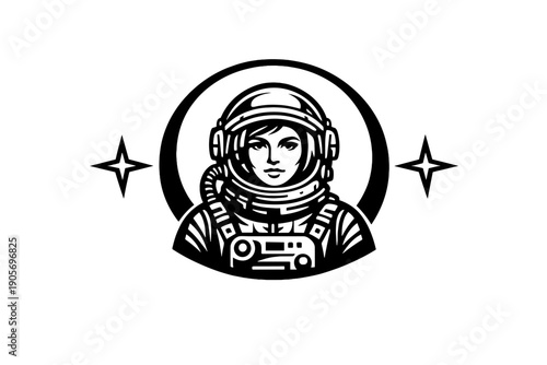 A minimalist black and white vector illustration of a female astronaut wearing a detailed space suit and helmet, centered against a solid black background with star accents.