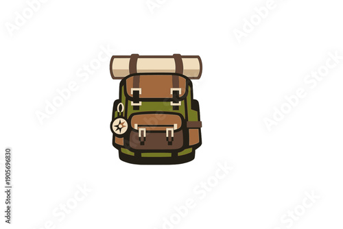 A stylized illustration of a green and brown hiking backpack with a rolled sleeping mat on top and a compass keychain, isolated on a black background for outdoor adventure themes.