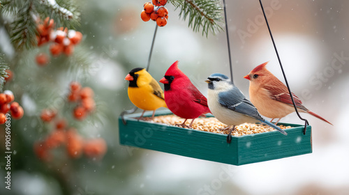 Vibrant winter birds on feeder in snowy landscape for nature enthusiasts and wildlife decor