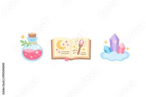 A set of three magical icons featuring a pink potion bottle, an open spellbook with a wand, and a cluster of colorful crystals on a cloud, all set against a black background.