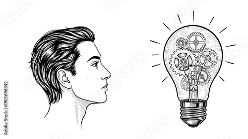 Innovative Mind: Gears Turning Inside a Lightbulb Above a Pensive Man's Head