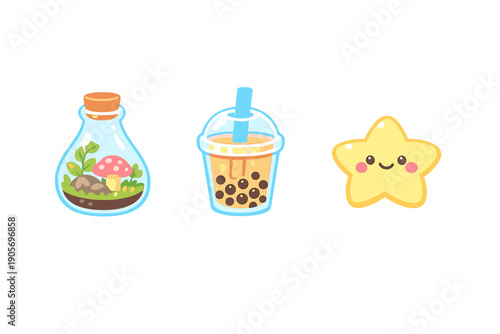 Three cute kawaii icons featuring a glass terrarium with a red mushroom, a cup of boba tea with a blue straw, and a smiling yellow star, all set against a solid black background.