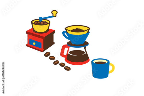 This vibrant illustration depicts coffee preparation tools including a manual grinder, a pour-over dripper, a carafe, and a mug. Scattered beans lead from the grinder to the brewing set.