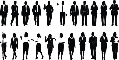 Business people silhouettes collection showing men and women walking standing and gesturing isolated black vector illustration corporate office design