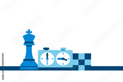 A minimalist flat vector illustration depicts a blue king chess piece next to a dual-dial chess clock and a checkered board section, all set against a dark background.