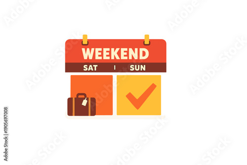 A stylized calendar graphic for the weekend featuring Saturday and Sunday labels, a brown suitcase icon for travel, and a red checkmark on a black background.