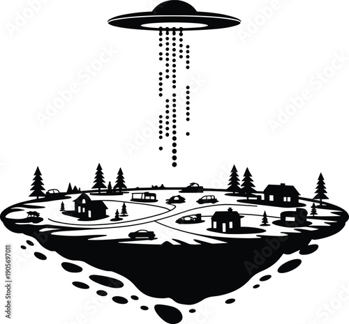 Floating island with suburban houses, UFO abduction beam, surreal black and white illustration, imaginative science fiction landscape, concept art design
