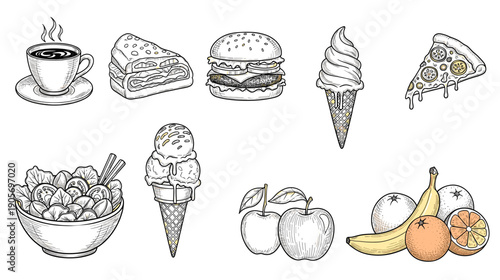 Diverse Food Illustrations: Pizza Fruits Ice Cream Burger Sandwich and More