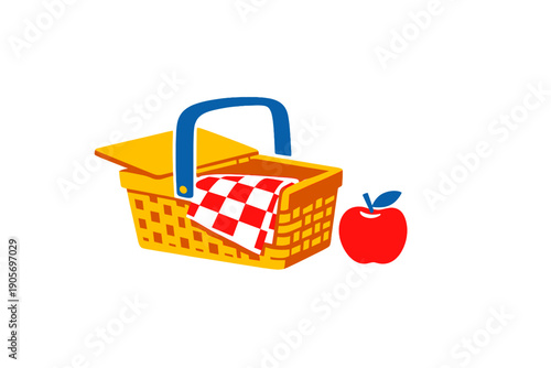 This digital illustration features a yellow woven picnic basket with an open lid, a blue handle, and a red and white checkered cloth. A red apple rests beside the basket on a black background.