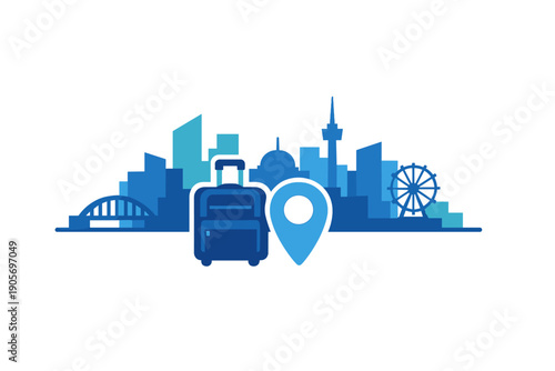 A flat vector illustration of a blue city skyline featuring a suitcase and a location pin icon in the foreground. The design includes a bridge, buildings, and a Ferris wheel on a black background.