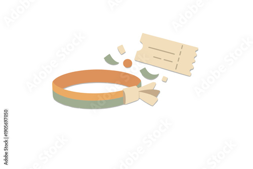 A stylized illustration of a festival wristband and a paper ticket stub on a black background. The wristband features orange and green bands with a cream-colored fabric knot.