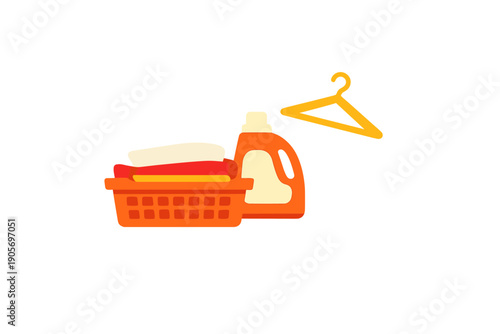 This flat vector illustration shows a laundry basket with folded towels, an orange detergent bottle, and a yellow hanger, all set against a solid black background.