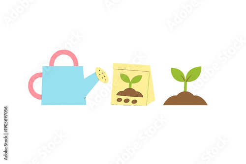 A flat vector illustration featuring a light blue watering can with pink handles, a yellow bag of seeds, and a small green sprout growing from a mound of brown soil on a black background.