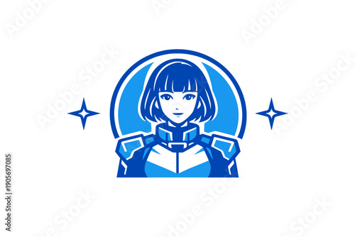 Stylized blue vector graphic of a young woman in sci-fi armor. The character has a bob haircut and is framed by a circular emblem and two four-pointed stars on a dark field.