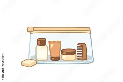 A transparent toiletry bag contains travel-sized personal care items including a bottle, tube, jar, and comb. A small bar of soap sits outside the bag on a dark background.