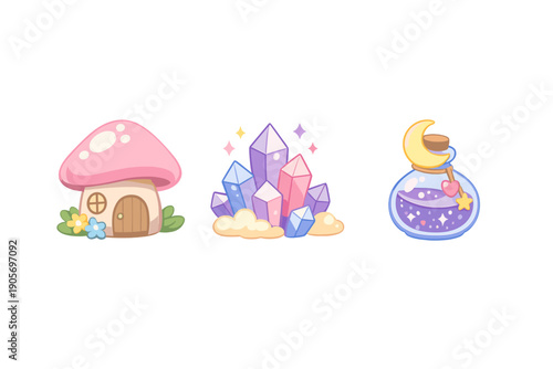 Three whimsical illustrations featuring a pink mushroom house, a cluster of pastel crystals with stars, and a magical potion bottle with a crescent moon on a black background.