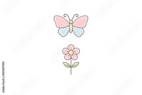 A simple flat illustration of a pastel pink and blue butterfly hovering above a small pink flower with green leaves, set against a solid black background in a minimalist style.