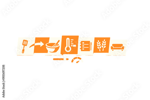 A series of orange and white icons depicting cooking and home life steps, including a spatula, mixing bowl, thermometer, recipe book, wheat, and a sofa, set against a black background.