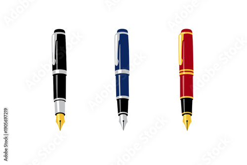 Three fountain pens in black, blue, and red colors are displayed vertically against a solid black background. Each pen features a metallic nib and a clip on its cap.
