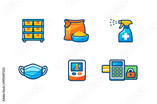 A set of six colorful icons representing health and safety measures including a face mask, disinfectant spray, food storage, a thermometer, and a secure payment terminal on a black background.