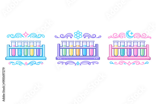 Three vertical panels featuring colorful test tubes in racks with decorative swirls and symbols like a star, atom, and moon. The illustrations use a pastel palette on a black background.