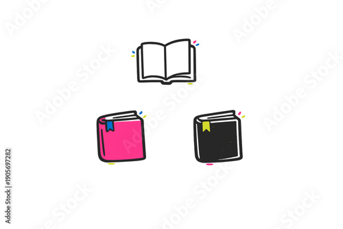 A collection of three stylized book illustrations on a black background. The set includes one open book and two closed books with bookmarks in vibrant pink and dark black shades.