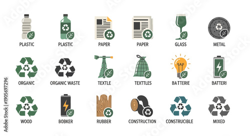 Recyclable Materials Icons Set for Sustainability.