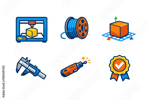 A set of six colorful icons related to 3D printing and manufacturing processes, including a printer, filament spool, 3D model, caliper, rotary tool, and quality seal on a black background.