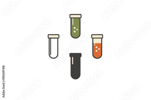 A flat illustration of four test tubes arranged in a diamond pattern on a black background. The tubes contain green and orange liquids with bubbles, while one is empty and one is dark.