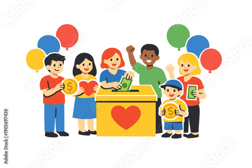 A diverse group of people, including children and adults, are happily donating money and coins into a yellow charity box decorated with a red heart, surrounded by colorful balloons.